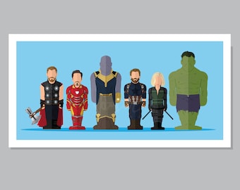 Op de afbeelding: Een digitale illustratie van zeven superhelden uit het Marvel Cinematic Universe. De personages zijn afgebeeld in een minimalistische stijl, met vlakke kleuren en eenvoudige vormen. Van links naar rechts zijn de personages Thor, Iron Man, Thanos, Captain America, Black Widow en Hulk.