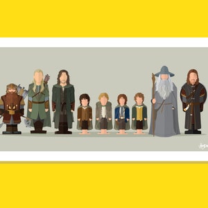 Puede incluir: Una ilustración digital de la Comunidad del Anillo de El Señor de los Anillos. Los personajes están representados en un estilo minimalista, con colores planos y formas simples. Los personajes incluyen Gandalf, Frodo, Sam, Merry, Pippin, Aragorn, Legolas, Gimli y Boromir.