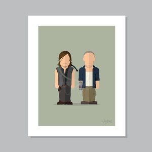 Puede incluir: Una ilustración digital de dos hombres de pie uno al lado del otro. El hombre de la izquierda lleva un chaleco negro, una camisa marrón y pantalones marrones. Está sosteniendo un arco y una flecha. El hombre de la derecha lleva una camisa azul, una camiseta blanca y pantalones caqui. Está sosteniendo una pistola. El fondo es de color verde claro.