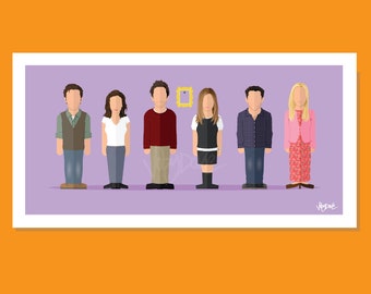 Peut inclure: Un fond violet avec six personnages de dessin animé debout en rang. Les personnages portent tous des vêtements différents. Il y a un cadre jaune avec une image d'une porte violette au milieu de la rangée.