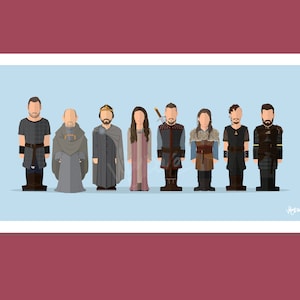 Puede incluir: Una ilustración digital de ocho personajes de una serie de televisión de fantasía. Los personajes están representados en un estilo minimalista, con formas y colores simples. Los personajes están de pie en fila, y todos visten ropa diferente. El fondo es de color azul claro.