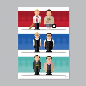 Puede incluir: Una ilustración digital de seis personajes de la película 'This is England'. Los personajes están representados en un estilo de dibujos animados, con rasgos simples y colores llamativos. Los personajes están de pie en fila, con cada personaje en un fondo de color diferente. Los fondos son rojo, azul y verde.