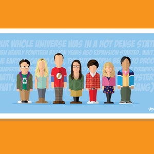 Puede incluir: Una impresión rectangular con ilustraciones estilizadas de siete personajes. Cada personaje se representa con un atuendo y peinado únicos. El fondo es azul claro con texto blanco. La impresión está enmarcada en blanco.