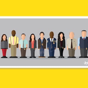 May include: A digital illustration of the main characters from the TV show Brooklyn Nine-Nine. The characters are depicted in a minimalist style, with flat colors and simple shapes. The characters are standing in a line, from left to right: Amy Santiago, Charles Boyle, Jake Peralta, Rosa Diaz, Captain Raymond Holt, Terry Jeffords,  Scully, Hitchcock, and  Gina Linetti.