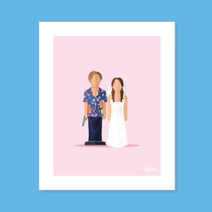 Puede incluir: Una impresión artística enmarcada que representa una escena de boda. El hombre lleva una camisa azul con estampado floral y sostiene un arma. La mujer viste un vestido de novia blanco. El fondo es rosa.