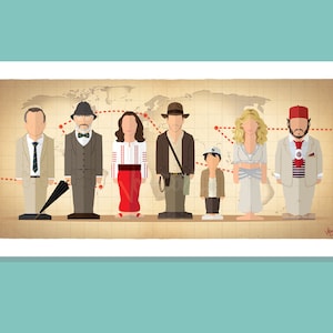 Puede incluir: Una ilustración de estilo vintage de siete personajes, incluyendo un hombre con un fedora y una mujer con un vestido blanco, de pie frente a un mapa del mundo con líneas de puntos rojas. Los personajes están representados en un estilo plano y de dibujos animados.