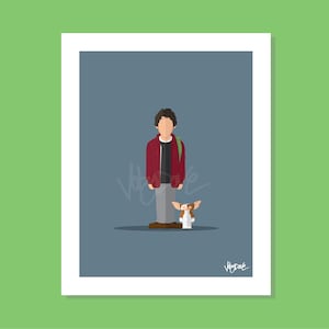 Puede incluir: Una ilustración minimalista de un hombre con una chaqueta roja y pantalones grises de pie junto a un perro pequeño marrón y blanco. El fondo es de un color azul sólido.