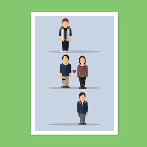 Puede incluir: Una ilustración digital de tres personajes de una serie de televisión popular. Los personajes están representados en un estilo minimalista con rasgos y ropa simples. El primer personaje es un hombre que lleva una gorra de béisbol roja, una camiseta de béisbol blanca y negra y pantalones vaqueros azules. El segundo personaje es un hombre que lleva una camisa azul, pantalones caqui y un cinturón negro. El tercer personaje es una mujer que lleva una camisa marrón, pantalones negros y un cinturón negro. Un corazón rojo flota entre el segundo y el tercer personaje.