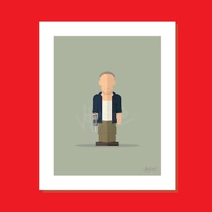 Puede incluir: Una ilustración digital de un hombre con una camisa azul, una camiseta blanca y pantalones caqui que sostiene un taladro. El fondo es de color verde claro.