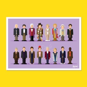 Puede incluir: Una impresión enmarcada con ilustraciones estilizadas de personajes con atuendos coloridos. Los personajes están dispuestos en dos filas sobre un fondo lila. La impresión está sobre un fondo blanco con un borde amarillo.