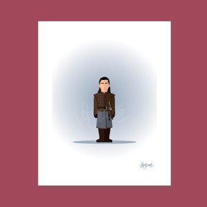 May include: A digital illustration of a character from a fantasy television series. The character is wearing a brown and blue plaid tunic with a brown belt and a sword. The character has long black hair and brown eyes.