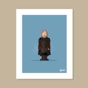 Puede incluir: Una ilustración digital de un hombre con el pelo largo gris y barba que lleva una túnica marrón y un cinturón negro. El fondo es de color azul claro.