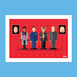 Puede incluir: Una ilustración digital de cinco personajes de la película 'Spaceballs' de pie frente a un fondo rojo con la letra de la canción 'Spaceballs' de la banda 'The Power of the Dark Side' impresa en el fondo. Los personajes son: Lone Starr, Barf, Yogurt, la princesa Vespa y Dark Helmet.