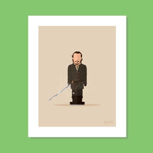 May include: A digital illustration of a man in a brown coat and black pants holding a sword. The background is a light brown color.