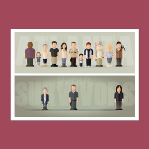 Puede incluir: Una ilustración digital de los personajes principales del programa de televisión The Walking Dead. Los personajes están representados en un estilo minimalista, con formas y colores simples. Los personajes están de pie en una línea, con el texto "Atlanta Survivors" encima de ellos.