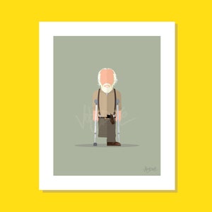 Puede incluir: Una ilustración digital de un hombre con barba y cabello blancos, vistiendo una camisa marrón, pantalones marrones y un cinturón marrón. Está usando muletas para caminar. El fondo es de color verde claro.