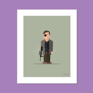 Puede incluir: Una ilustración digital de un hombre con una chaqueta marrón, camisa azul y un parche en el ojo sosteniendo un arma. El fondo es de color verde claro.