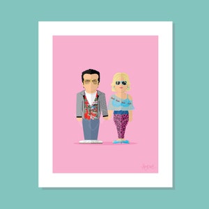 Puede incluir: Una ilustración digital de una pareja que lleva gafas de sol y ropa informal. El hombre lleva una chaqueta gris con una camisa estampada de colores y pantalones vaqueros azules. La mujer lleva un top azul, una falda de leopardo rosa y zapatos azules. El fondo es rosa.