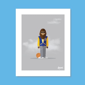 Puede incluir: Una ilustración de dibujos animados de un hombre lobo con una chaqueta de béisbol azul y amarilla, gafas de sol y pantalones grises. El hombre lobo está sosteniendo una pelota de baloncesto y de pie sobre un fondo gris con nubes blancas.