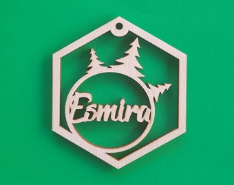 Personalized Wooden Christmas Ornament: Winter Forest Wedding Place Card