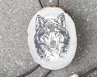 Engraved Wolf Bolo Tie: Deer Horn Pendant, Leather Strap Necklace