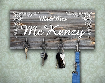 Personalized Wooden Key Holder with Silver Hooks: Wall Mounted Family Organizer