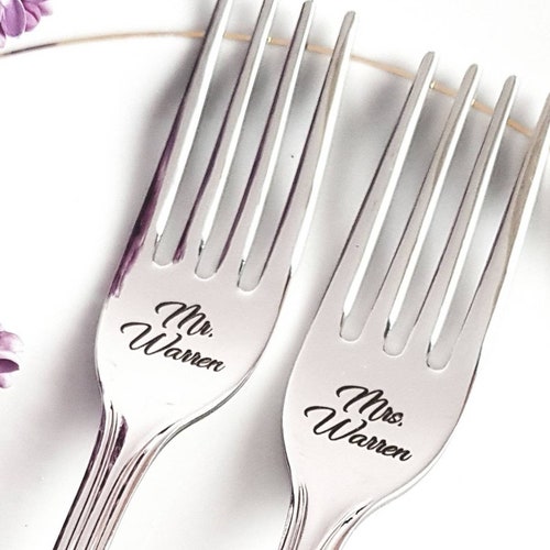 2 Wedding Forks Mr Mrs Engraved Dining Set With Custom Last Etsy