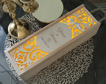 Personalized Laser Cut Wine Box: Wedding Anniversary Keepsake Lantern