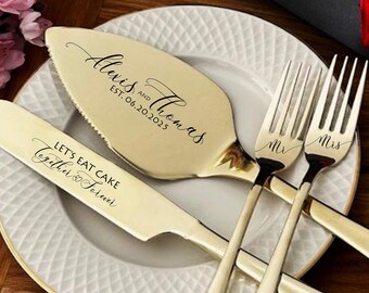 Personalized Wedding Cake Cutting Set for Couple: Engraved Stainless Steel Knife, Server & Forks from Bridesmaid, Bridal Shower Gift