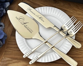 Personalized Wedding Cake Set Custom Engraved Silver Pie Pastry Cutting Kit Anniversary Housewarming Keepsake for Couple Forks, Knife Sliver