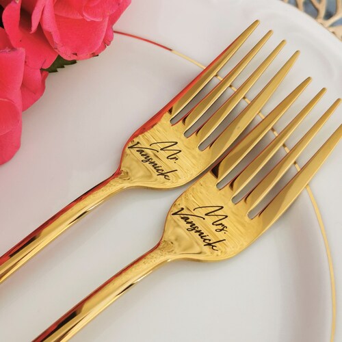 Gold Wedding Forks Mr Mrs Engraved Dining Set With Custom Etsy