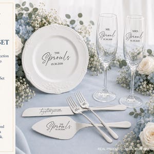 Personalized Wedding Bridal Shower Gift for Bride and Groom: Engraved Cake Cutting Set with Forks, Champagne Flutes and Cake Plate