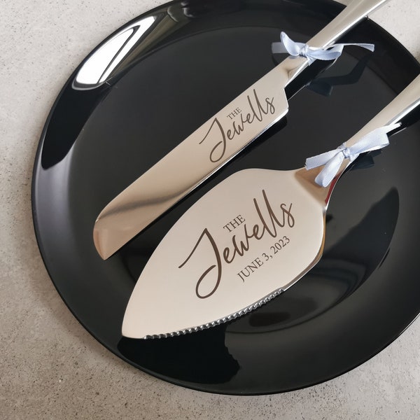 Custom Engraved Silver Cake Server Knife Set: Unique Keepsake for Bridal Shower, Wedding, Anniversaries, Cutlery Gift for Bride Groom