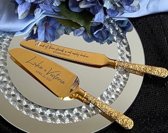 Gold wedding cake knife server set Personalized luxury pie cutting set Custom engraved cutter slicer Elegant bridal shower anniversary gift