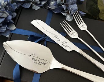 Solid Silver Cutlery Set for Bride & Groom, Custom Engraved Server Knife Forks for Cutting Ceremony,  Personalized Wedding Cake Table Decor