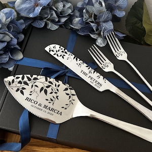 Custom Engraved Knives Forks Set for Wedding Cake Cutting Ceremony: Memorable Anniversary, Bridal Shower Gift with Box or Velvet Case