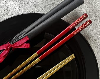 Engraved Stainless Steel Chopsticks Set – Personalized Metal Korean Japanese Chinese Utensils with Name, Date, Logo for Sushi Lovers