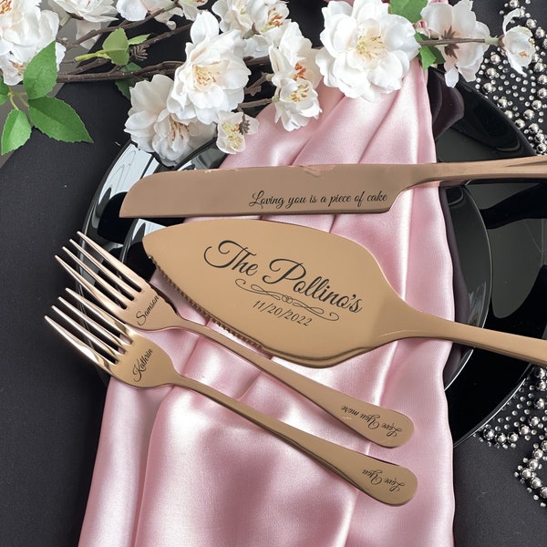 Engraved wedding cake knife server and forks set, Personalized anniversary bridal shower gift for bride groom, Custom dessert set keepsake