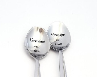 Pregnancy reveal to grandparent,  funny new baby announcement, new grandma new grandpa gift, engraved fork spoon, new grandparents to be