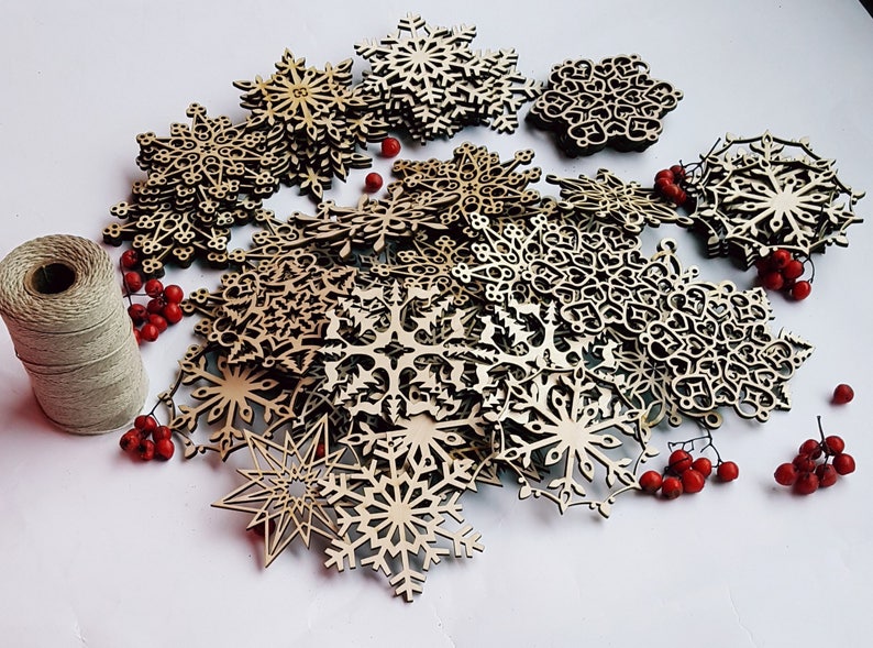 Christmas Tree Snowflakes Wood Rustic Ornament Set Laser Cut Xmas Decorations Wooden Natural Holiday Home Decor Big Wooden set of 32 or 48