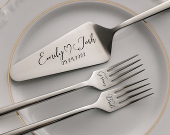 Wedding forks cake knife and server set, Personalized gift for bride and groom, Gold silver black cutlery for couple, Bridal Shower keepsake