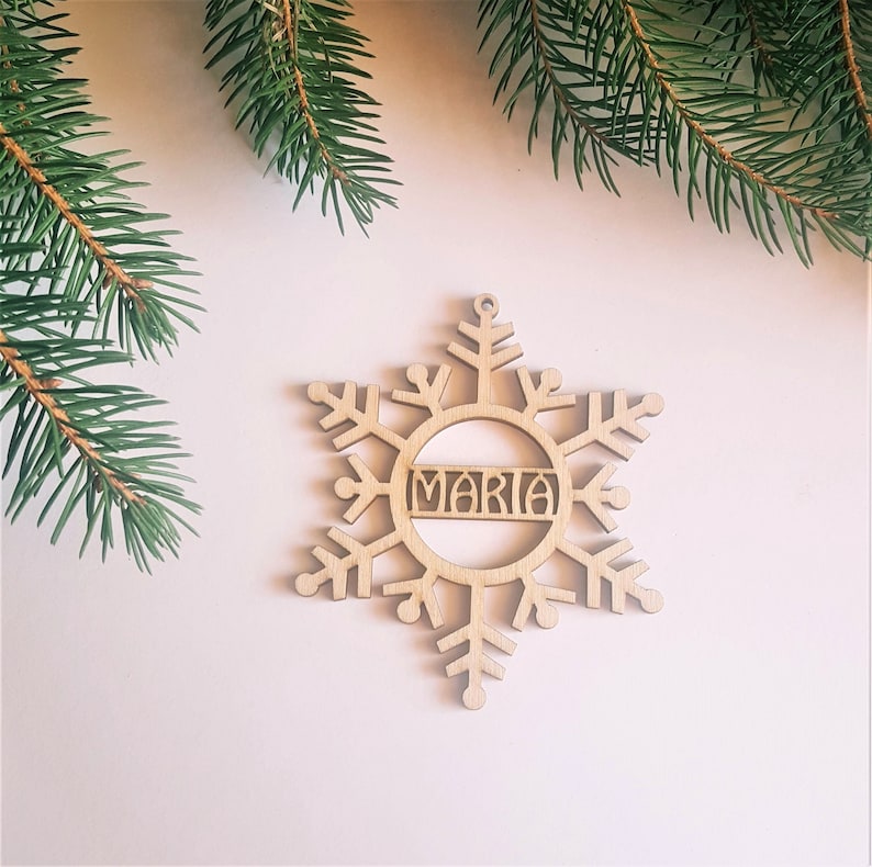 Christmas bauble, personalized name snowflake, wood Christmas tree ornament gift, laser cut winter rustic decoration, custom name tag image 7