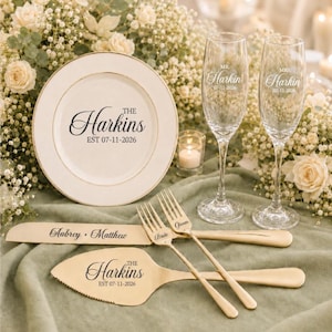 Personalized Wedding Bridal Shower Gift for Bride and Groom: Engraved Cake Cutting Set with Forks, Champagne Flutes and Cake Plate