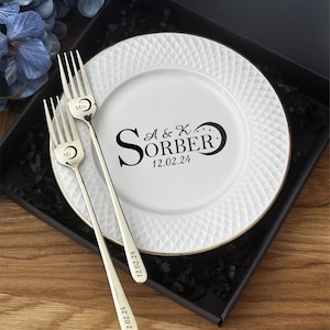 Personalized wedding plate with engraved cake forks Champagne dinnerware gift for bride groom Custom Mr Mrs anniversary birthday keepsake