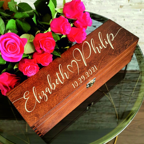 Ceremonia de la caja de vino grabada de madera, Regalo de boda personalizado para el Sr. Sra., Corte láser de aniversario compromiso de la casa bolsa de vino de Navidad