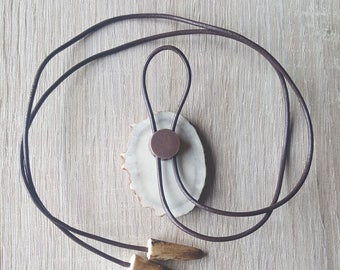 Mens Necklace with engraved LYNX Western style bolo tie for hunters round pendant from deer horn
