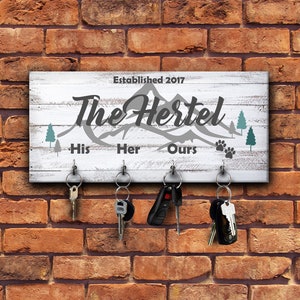 Key rack organizer, wall key holder, wooden key hanger, personalized family sign, custom housewarming gift for mountain lovers, 5 x 11 image 1