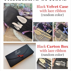 May include: Image showcasing packaging options for cutlery sets. Options include a black velvet case with a lace ribbon, a black carton box with a lace ribbon, and bubble wrap. The text on the image reads "PACKAGING OPTIONS".