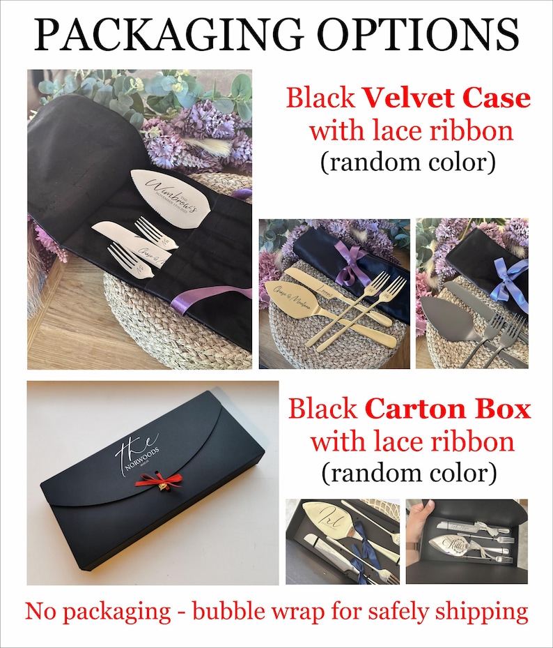 May include: Image showcasing packaging options for cutlery sets. Options include a black velvet case with a lace ribbon, a black carton box with a lace ribbon, and bubble wrap. The text on the image reads "PACKAGING OPTIONS".