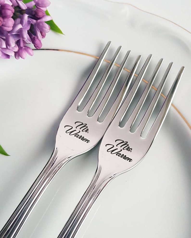 2 wedding forks Mr Mrs engraved dining set with custom last Etsy